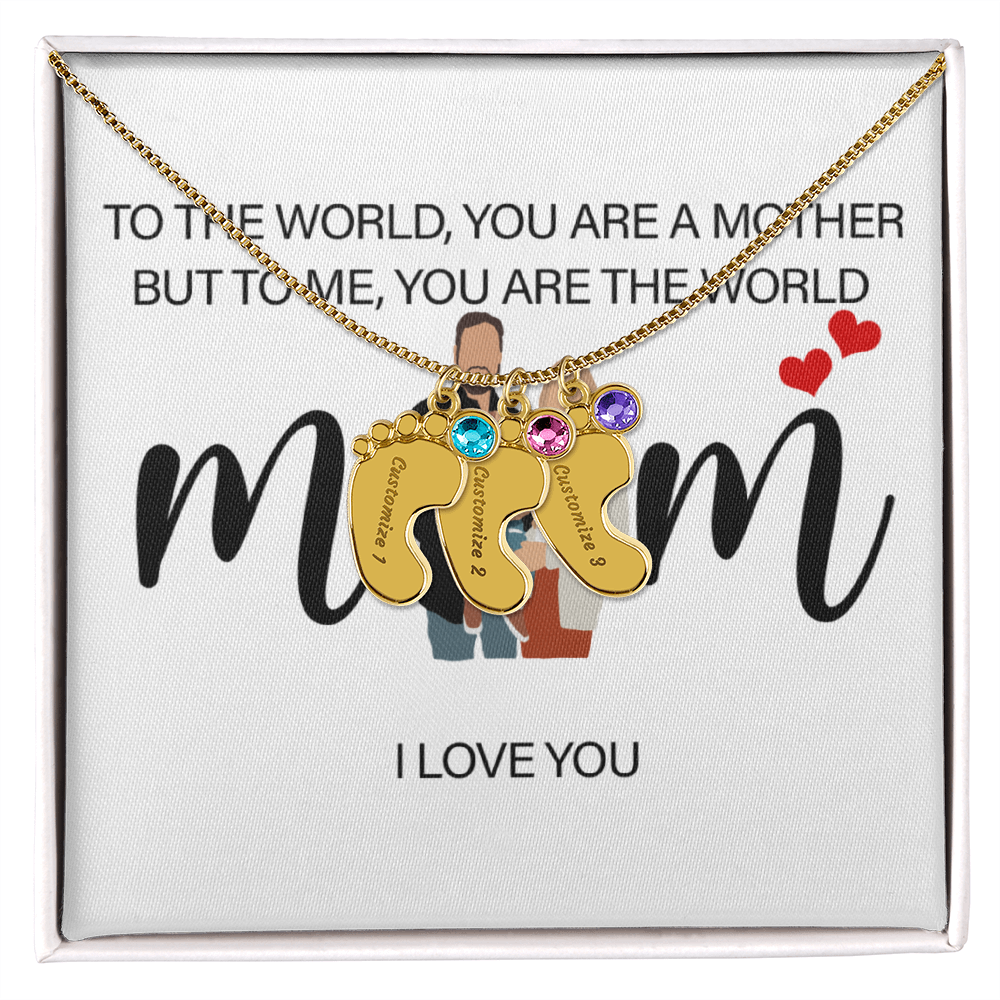 Personalized Mom I Love You  Engraved Baby Feet Necklace with Birthstone