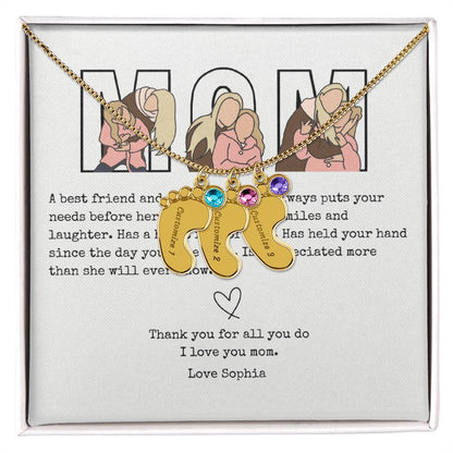 Personalized Mom Engraved Baby Feet Necklace with Birthstone