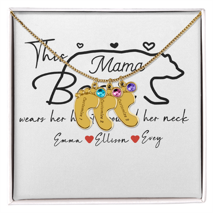 Personalized Mama Bear Engraved Baby Feet Necklace with Birthstone