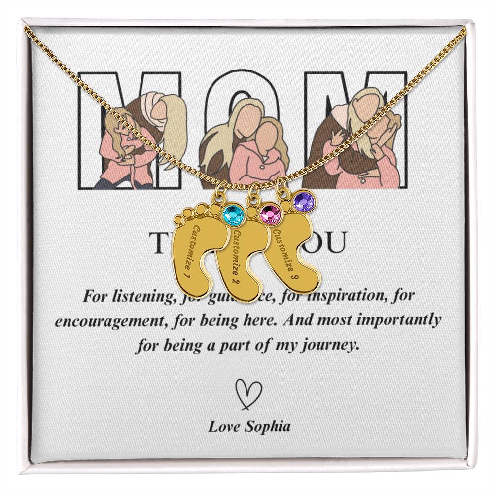 Personalized Thank You Mom  Engraved Baby Feet Necklace with Birthstone