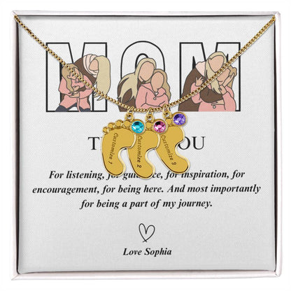 Personalized Thank You Mom  Engraved Baby Feet Necklace with Birthstone