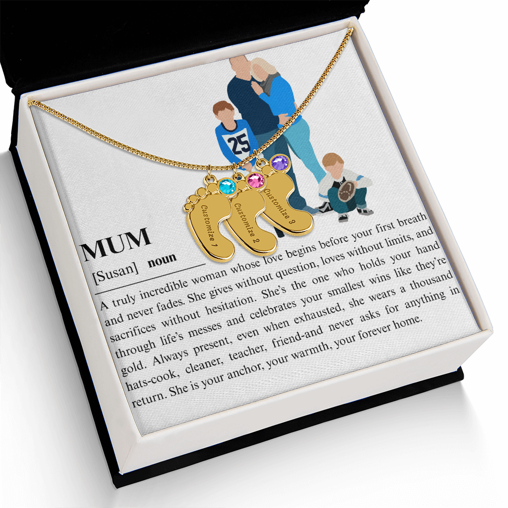 Personalized Mum Engraved Baby Feet Necklace with Birthstone