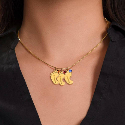 Personalized Mom Engraved Baby Feet Necklace with Birthstone