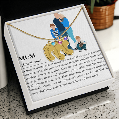 Personalized Mum Engraved Baby Feet Necklace with Birthstone