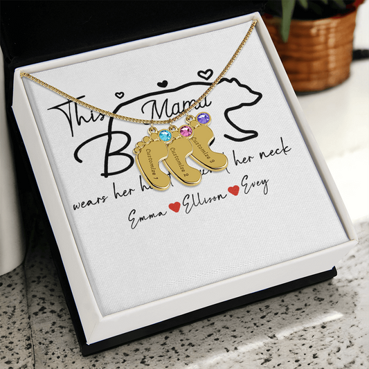 Personalized Mama Bear Engraved Baby Feet Necklace with Birthstone