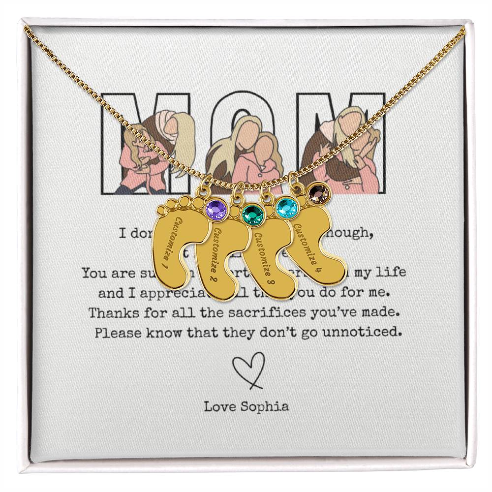 Personalized Mom Engraved Baby Feet Necklace with Birthstone