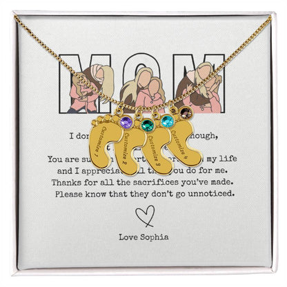 Personalized Mom Engraved Baby Feet Necklace with Birthstone
