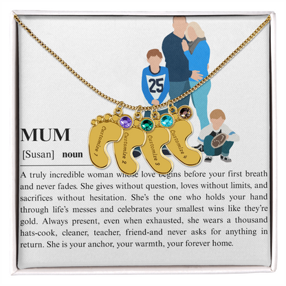 Personalized Mum Engraved Baby Feet Necklace with Birthstone