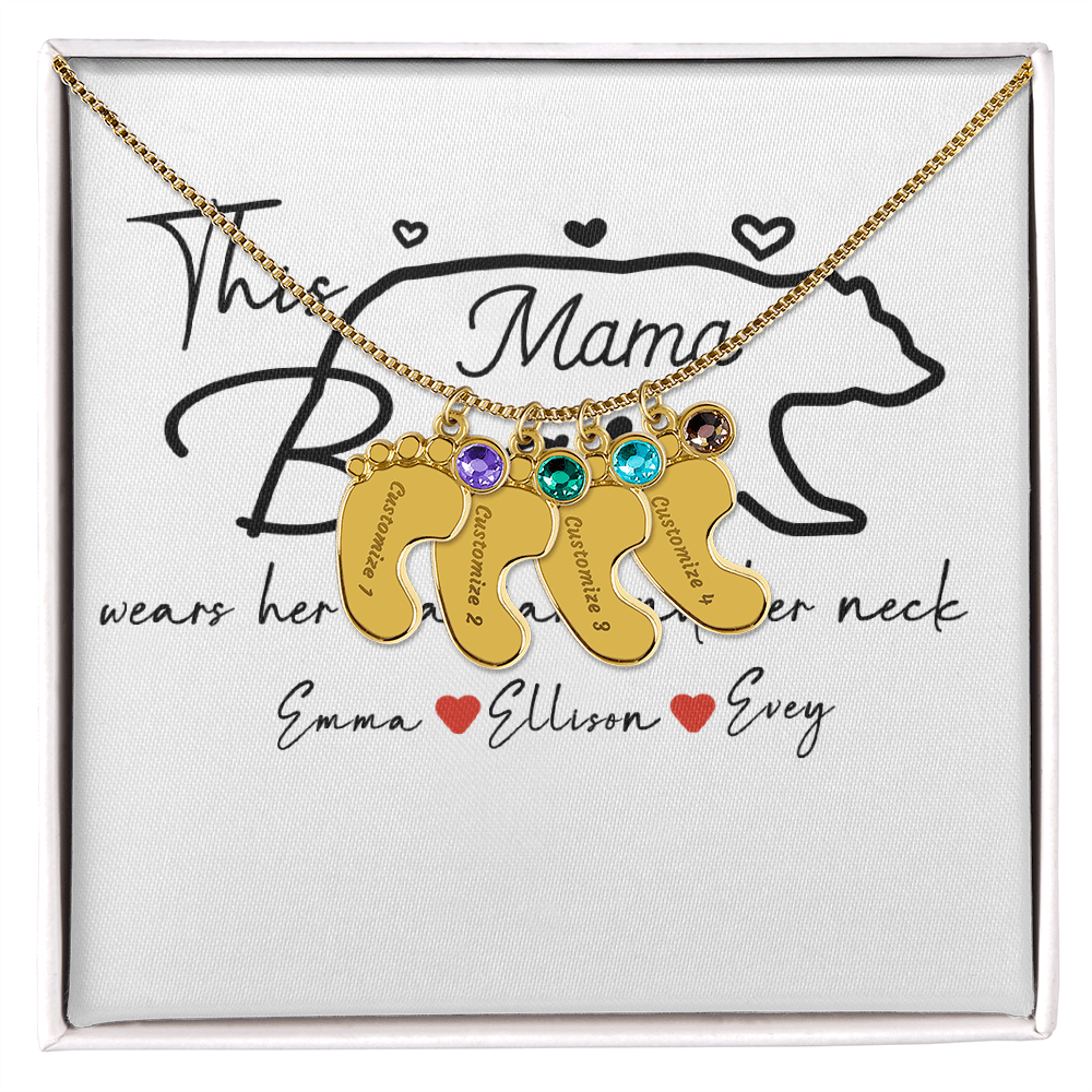 Personalized Mama Bear Engraved Baby Feet Necklace with Birthstone