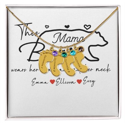 Personalized Mama Bear Engraved Baby Feet Necklace with Birthstone
