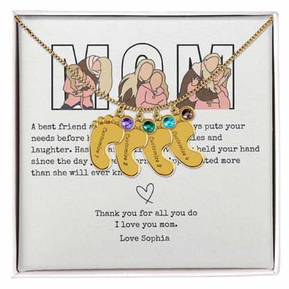 Personalized Mom Engraved Baby Feet Necklace with Birthstone