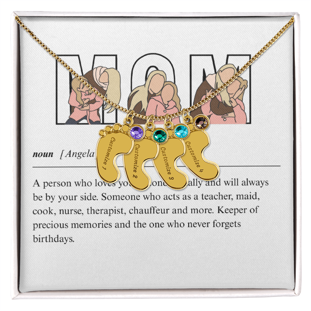 Custom Mom Engraved Baby Feet Necklace with Birthstone