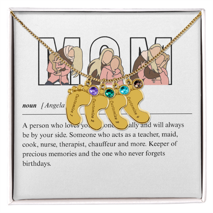Custom Mom Engraved Baby Feet Necklace with Birthstone