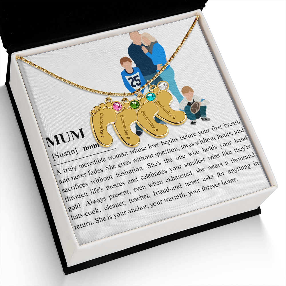 Personalized Mum Engraved Baby Feet Necklace with Birthstone