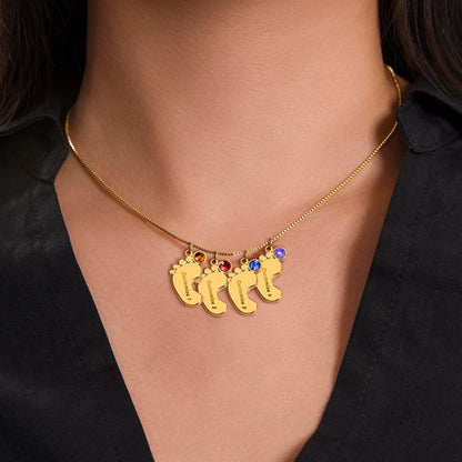 Personalized Mom Engraved Baby Feet Necklace with Birthstone
