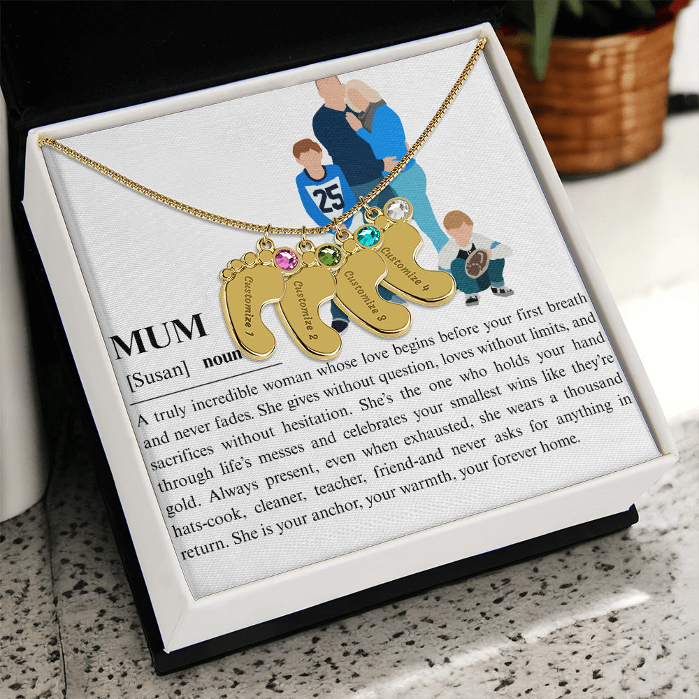 Personalized Mum Engraved Baby Feet Necklace with Birthstone