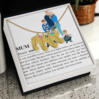 Personalized Mum Engraved Baby Feet Necklace with Birthstone