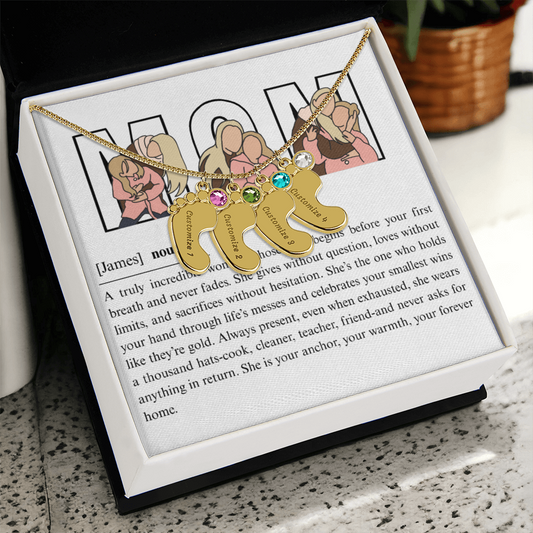 Personalized Mom Engraved Baby Feet Necklace with Birthstone