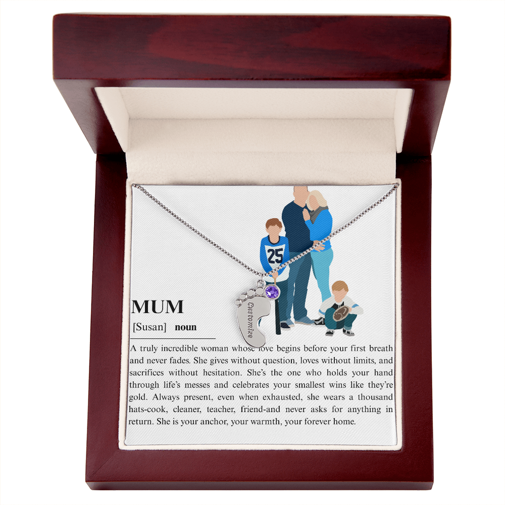Personalized Mum Engraved Baby Feet Necklace with Birthstone