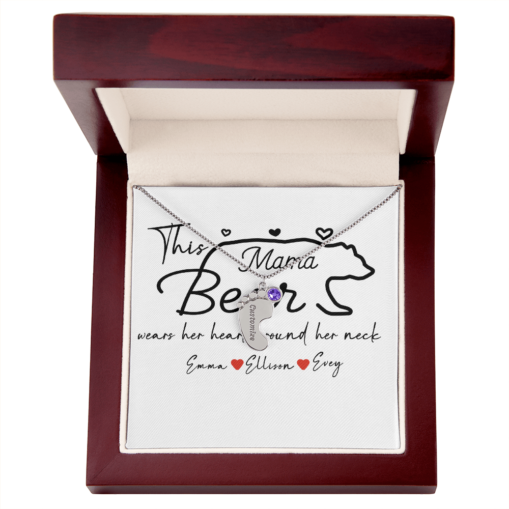 Personalized Mama Bear Engraved Baby Feet Necklace with Birthstone