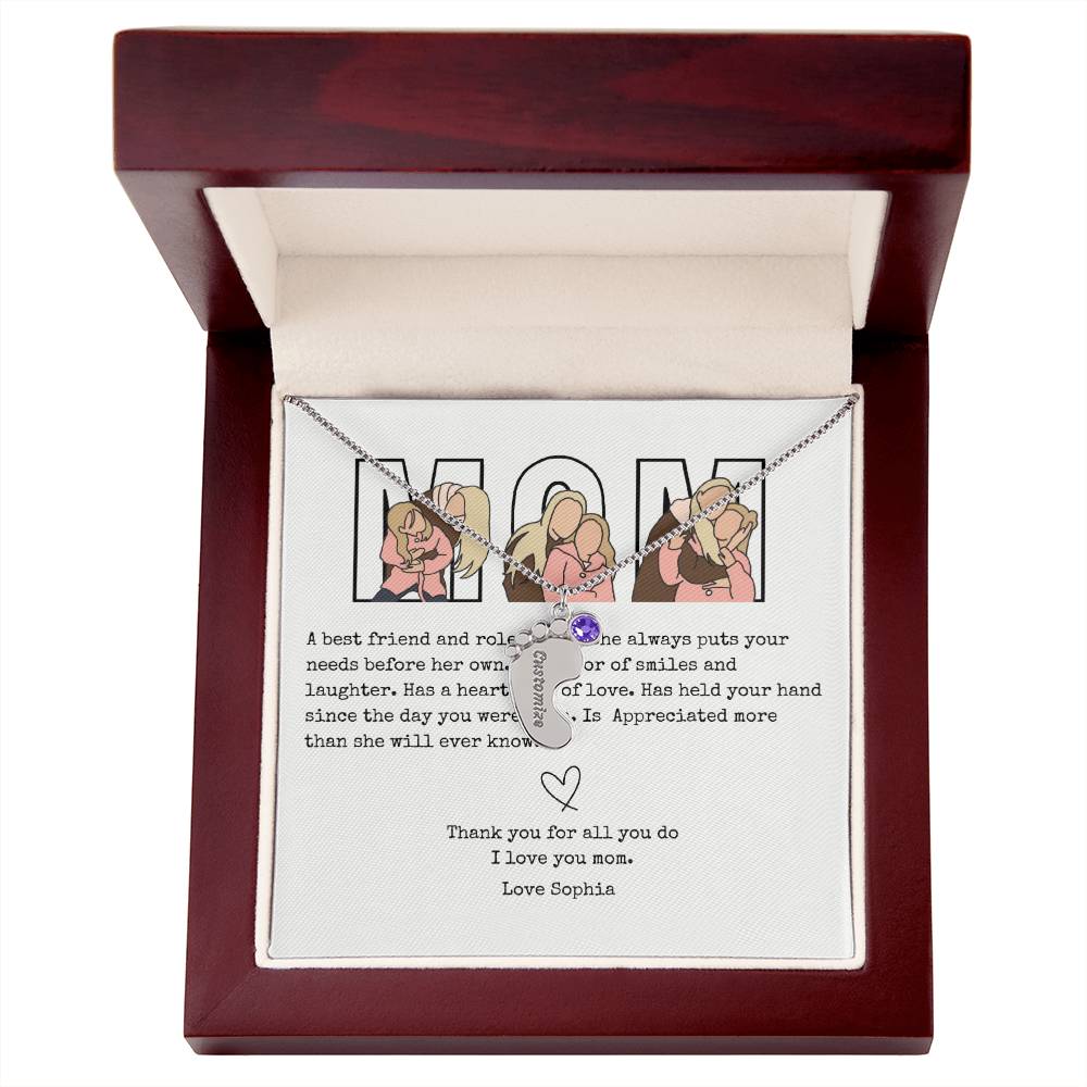 Personalized Mom Engraved Baby Feet Necklace with Birthstone