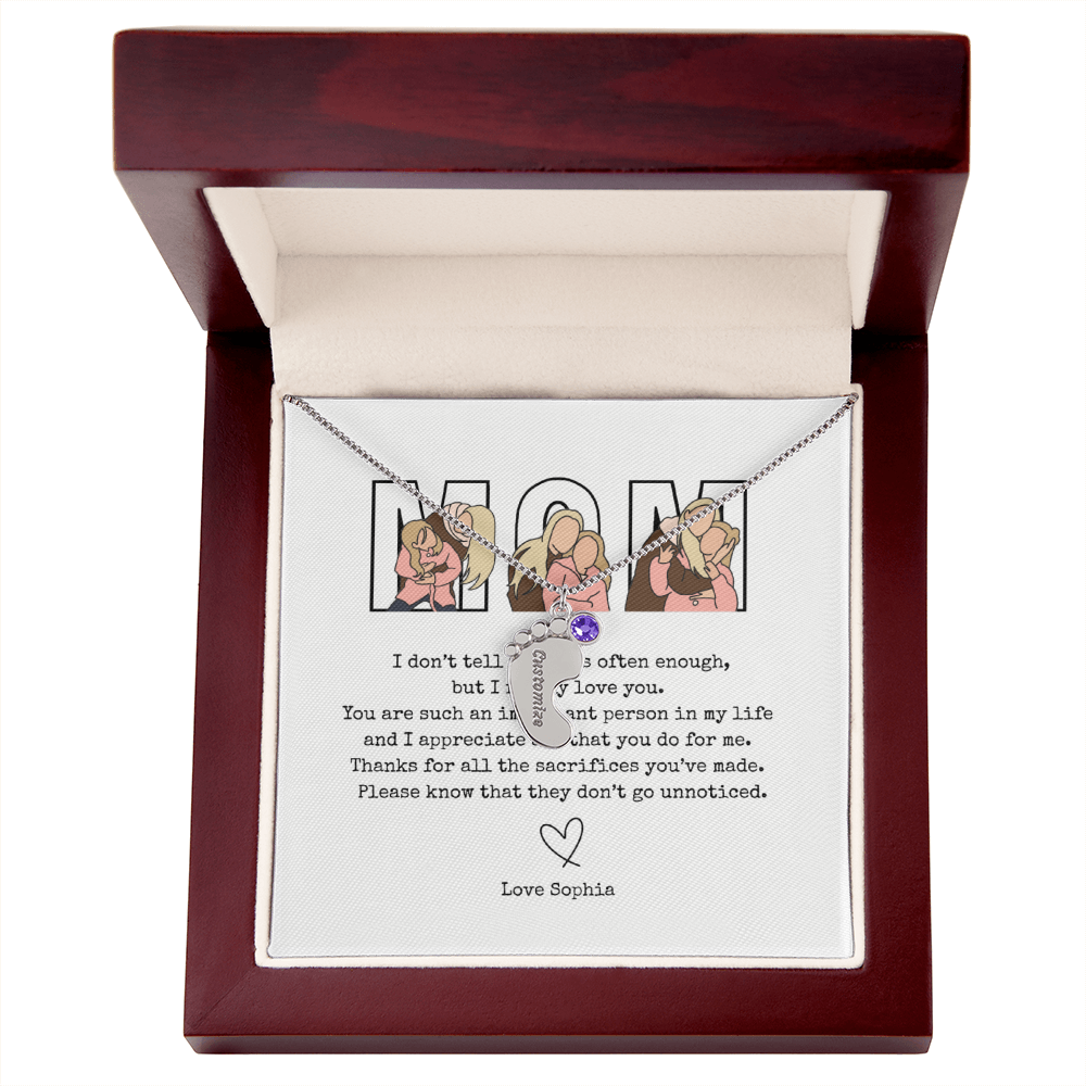 Personalized Mom Engraved Baby Feet Necklace with Birthstone