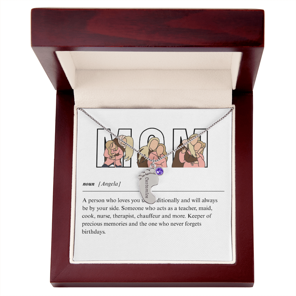 Custom Mom Engraved Baby Feet Necklace with Birthstone