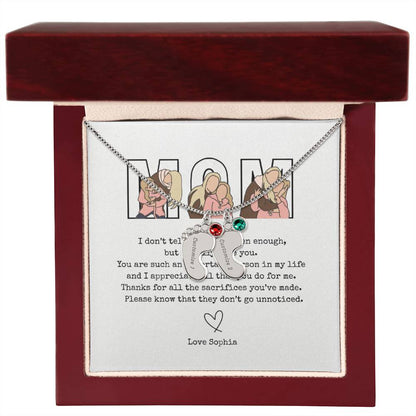 Personalized Mom Engraved Baby Feet Necklace with Birthstone