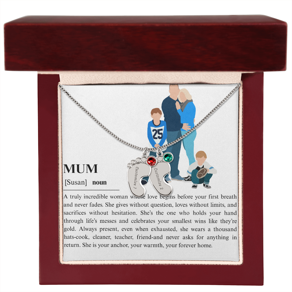 Personalized Mum Engraved Baby Feet Necklace with Birthstone