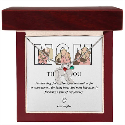 Personalized Thank You Mom  Engraved Baby Feet Necklace with Birthstone