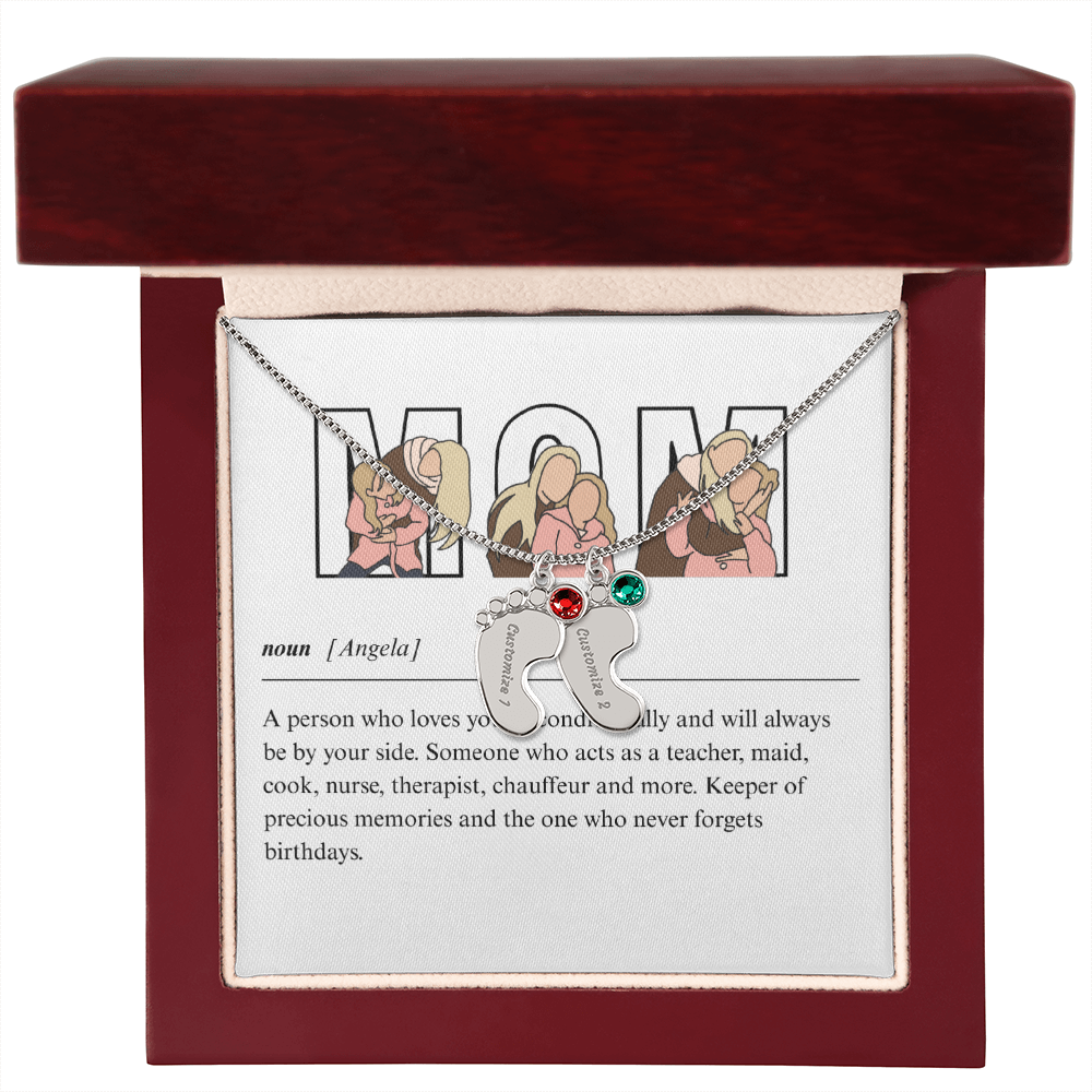 Custom Mom Engraved Baby Feet Necklace with Birthstone