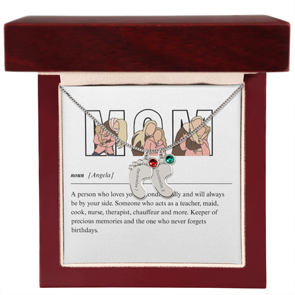Custom Mom Engraved Baby Feet Necklace with Birthstone