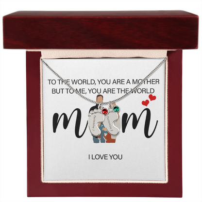 Personalized Mom I Love You  Engraved Baby Feet Necklace with Birthstone