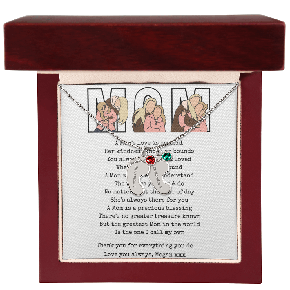 Personalized Mom Engraved Baby Feet Necklace with Birthstone