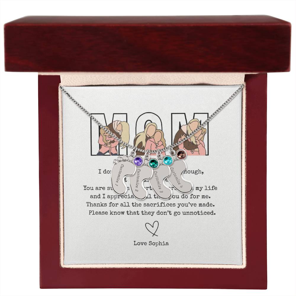 Personalized Mom Engraved Baby Feet Necklace with Birthstone