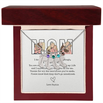 Personalized Mom Engraved Baby Feet Necklace with Birthstone