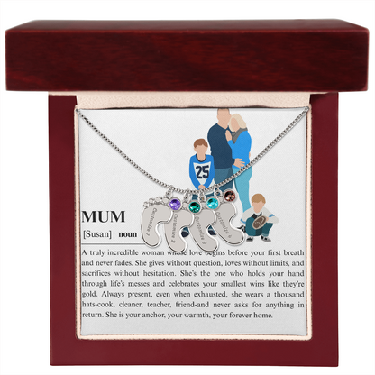 Personalized Mum Engraved Baby Feet Necklace with Birthstone