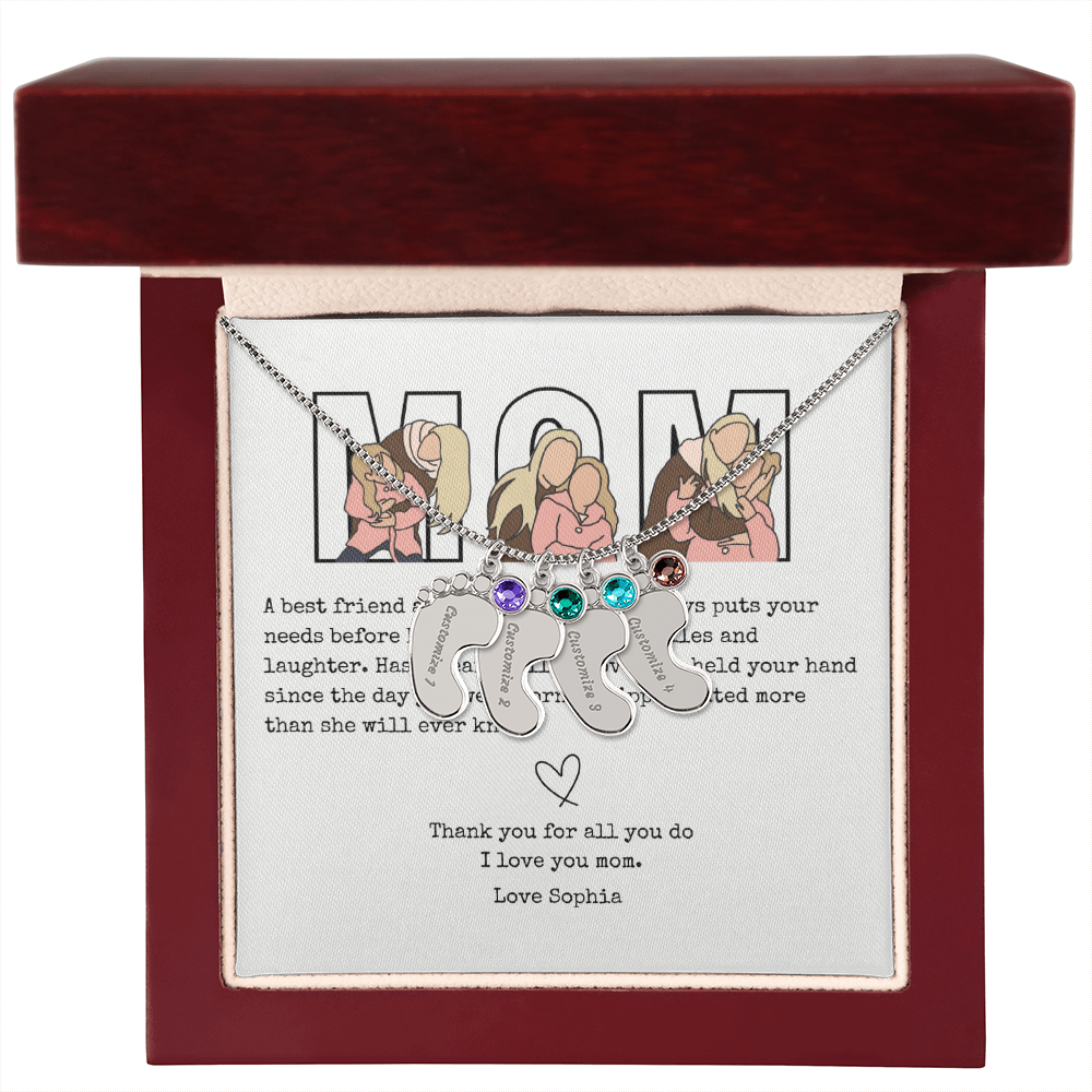 Personalized Mom Engraved Baby Feet Necklace with Birthstone