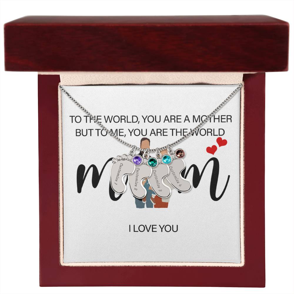 Personalized Mom I Love You  Engraved Baby Feet Necklace with Birthstone