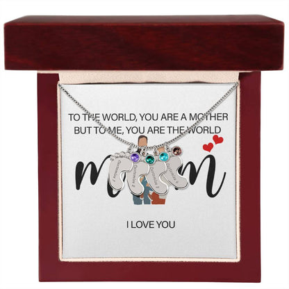 Personalized Mom I Love You  Engraved Baby Feet Necklace with Birthstone
