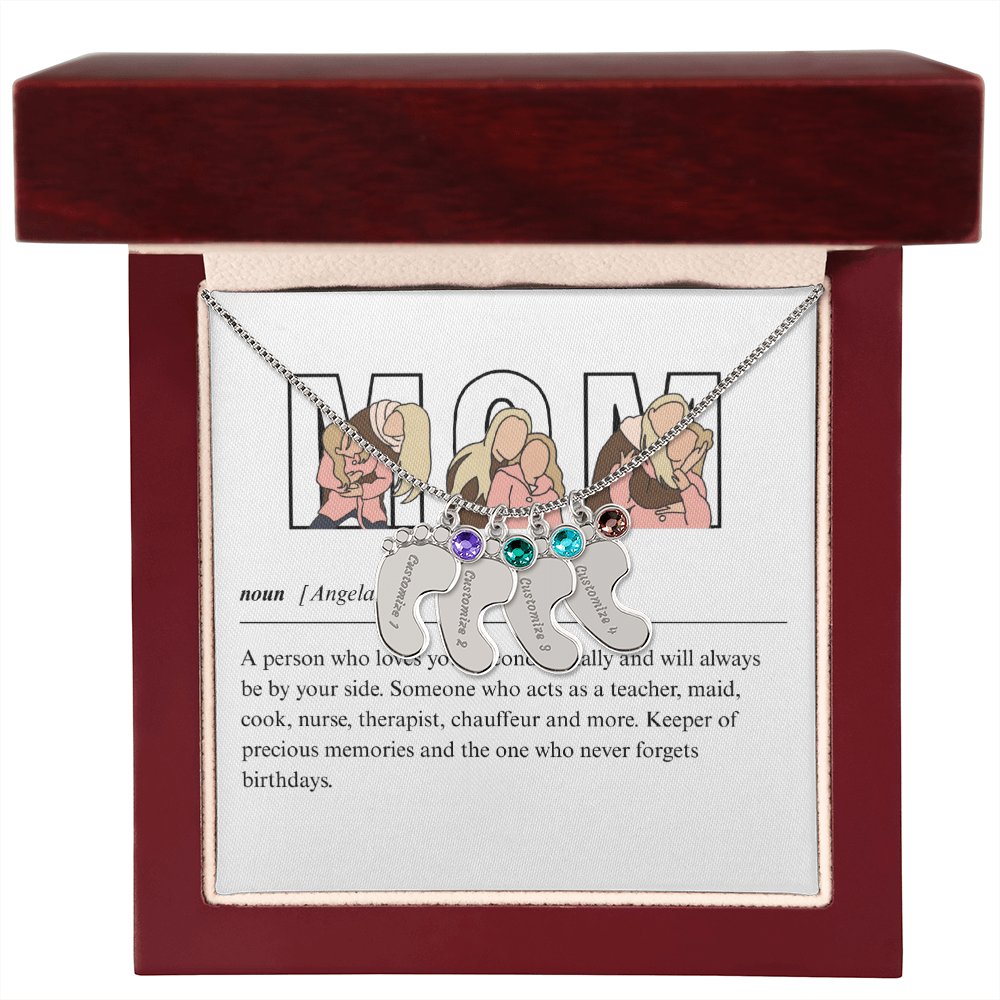 Custom Mom Engraved Baby Feet Necklace with Birthstone