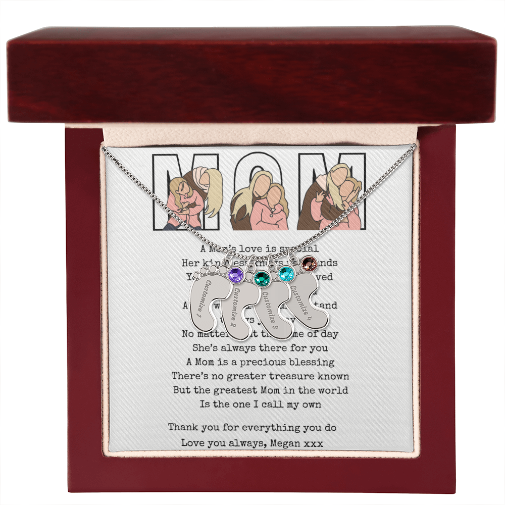 Personalized Mom Engraved Baby Feet Necklace with Birthstone