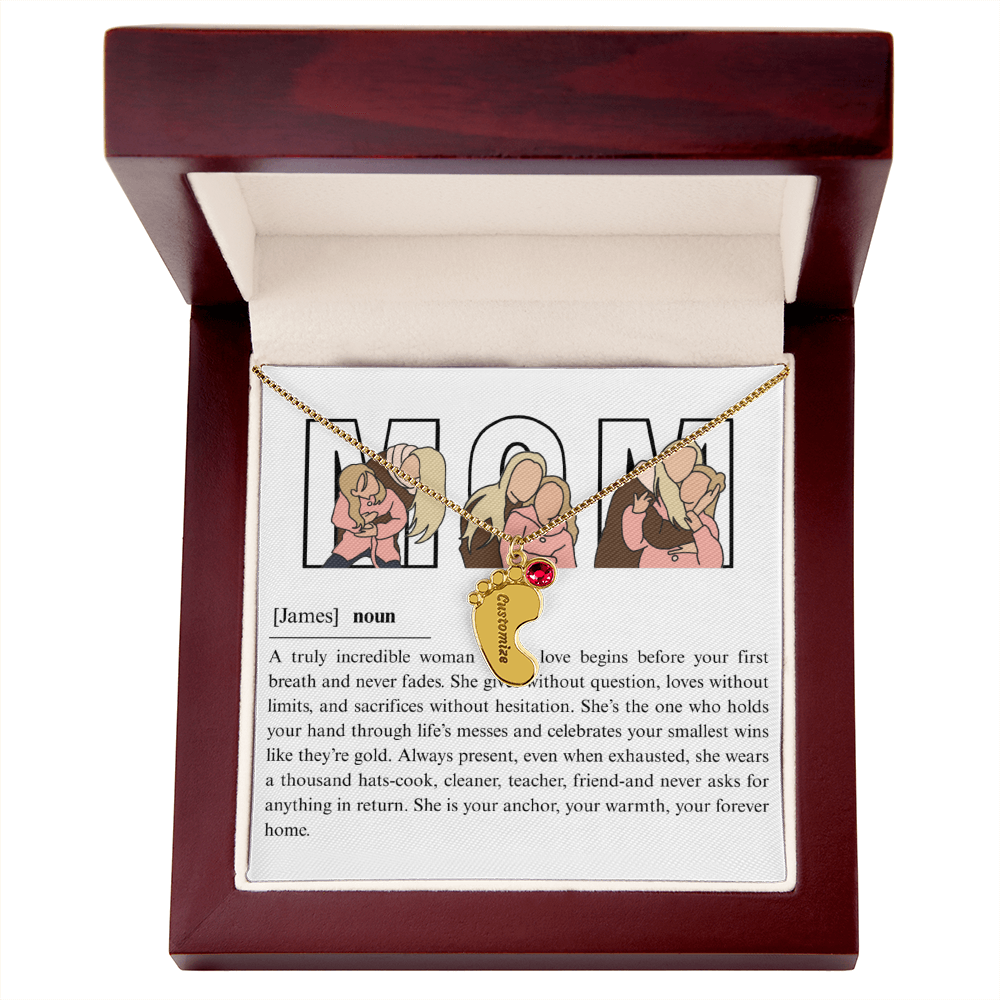 Personalized Mom Engraved Baby Feet Necklace with Birthstone