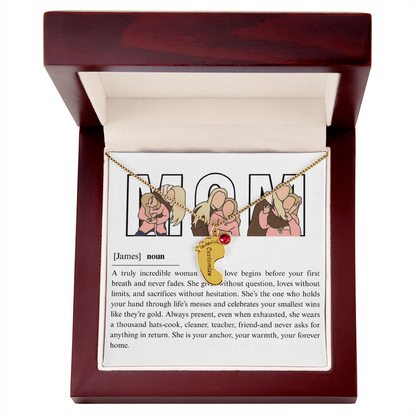 Personalized Mom Engraved Baby Feet Necklace with Birthstone
