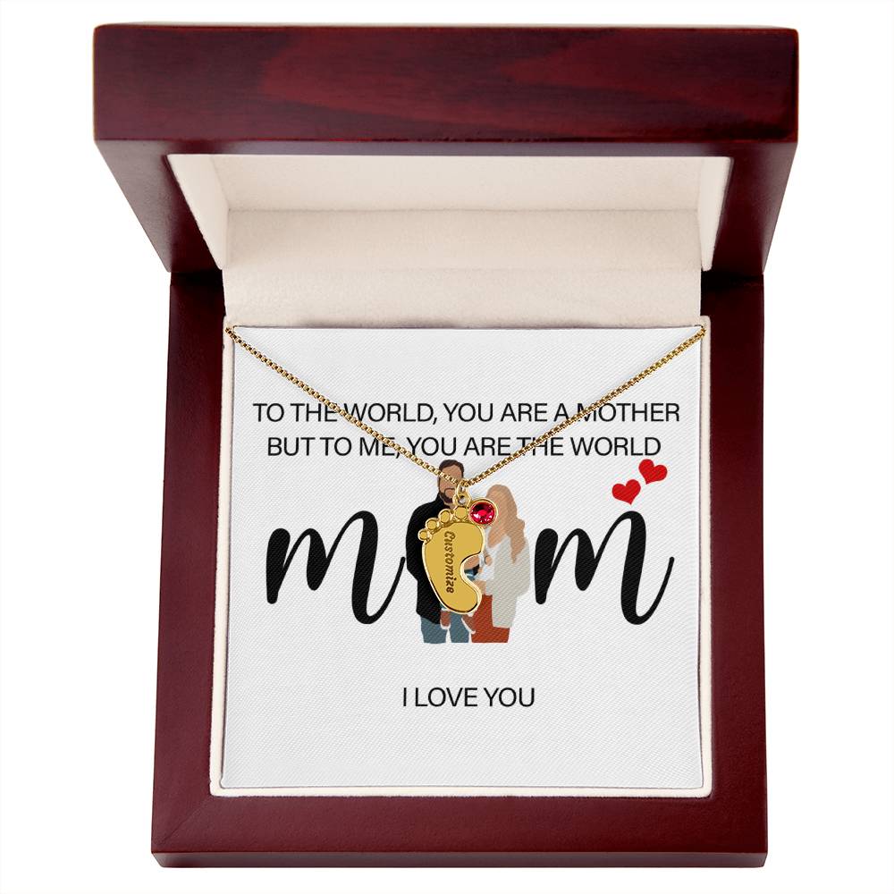 Personalized Mom I Love You  Engraved Baby Feet Necklace with Birthstone