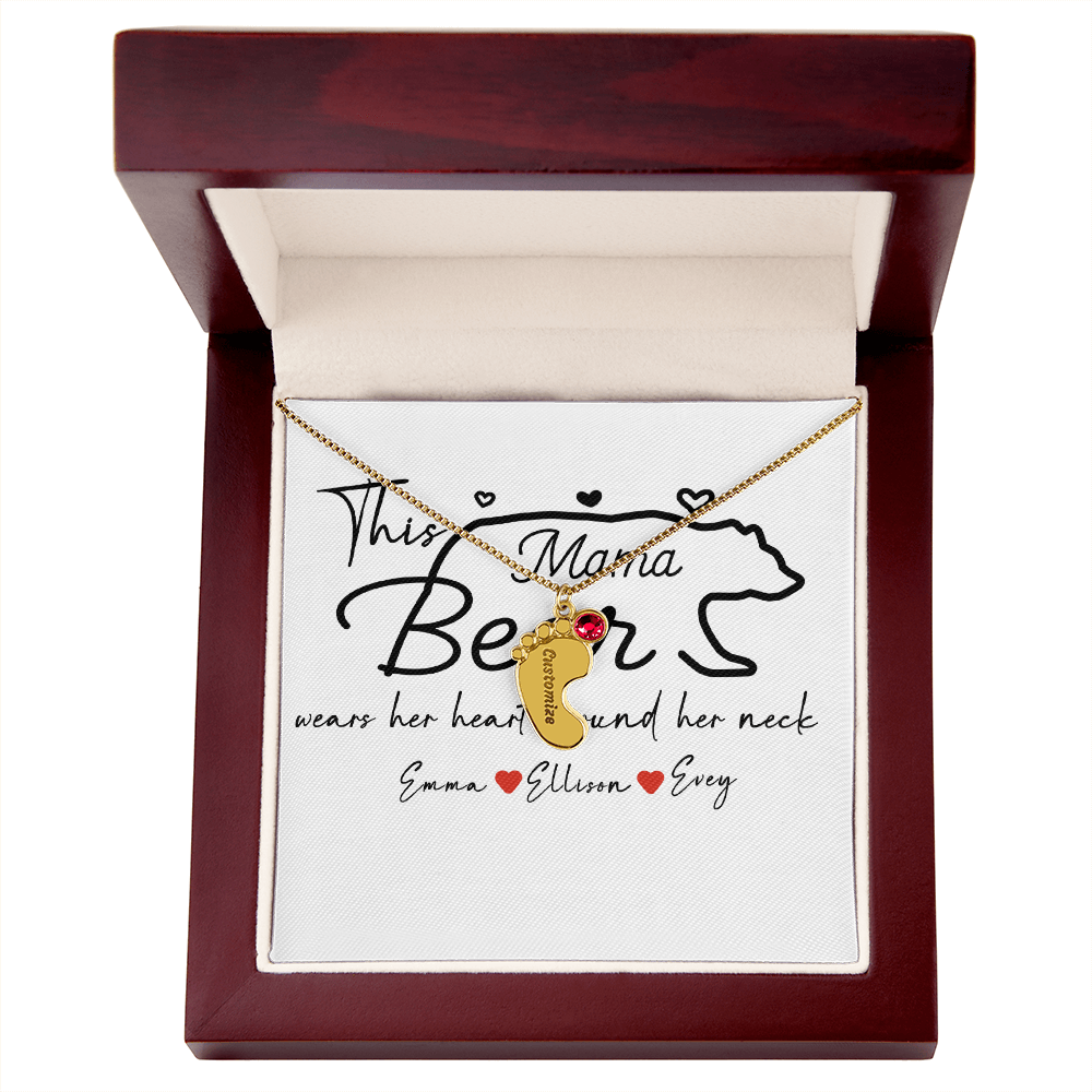 Personalized Mama Bear Engraved Baby Feet Necklace with Birthstone