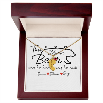 Personalized Mama Bear Engraved Baby Feet Necklace with Birthstone