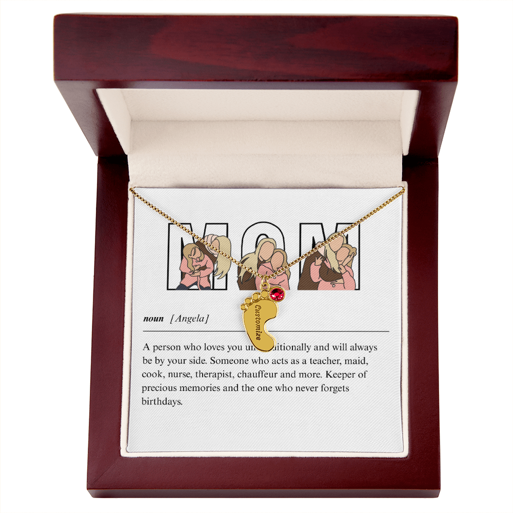 Custom Mom Engraved Baby Feet Necklace with Birthstone