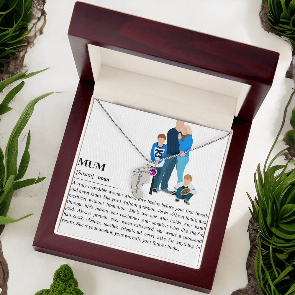 Personalized Mum Engraved Baby Feet Necklace with Birthstone