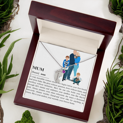 Personalized Mum Engraved Baby Feet Necklace with Birthstone